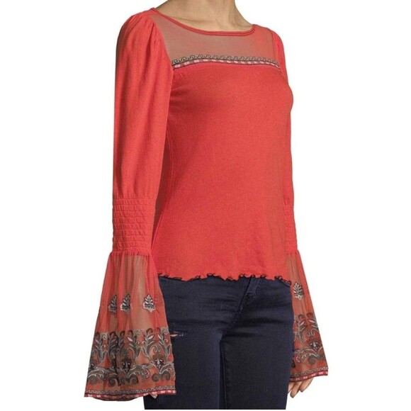 Free People High Tides Embroidered Mesh Bell Sleeve Top Coral Boho Sheer Size S - Picture 3 of 13